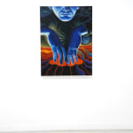 painting of a blue man stcking his hands into a volcano