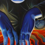painting of a blue man stcking his hands into a volcano