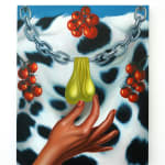 painting of a hand grabbing golden balls on a chain, dalmation pattern and tomatos in the background