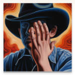 painting of a cowboy covering his face with his hand