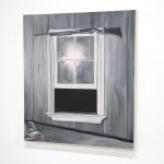 black and white painting of a gun hung above a window