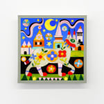 stained glass artwork with a dog and a castle