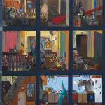 painting of a house looking into each room filled with people
