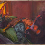 painting of 3 men lounging in bed