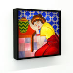 stained glass mosaic of a girl leaning on a table