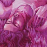 painting of a girl laying on her back in the grass (in monochrome pink) by Eli Kauffman