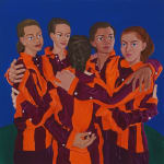 painting of a group of girls in a huddle by fay sanders