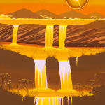 golden painting of a waterfall on a mountain with a sun above