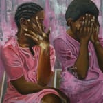 painting of 4 women in pink covering their faces