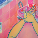 painting of a girl washing her hands in the sink of a pink bathroom
