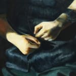 painting of hands sitting in a lap making fists