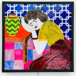 stained glass mosaic of a girl leaning on a table