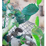 painting of a cactus growing through a fence