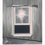 black and white painting of a gun hung above a window