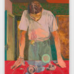 painted abstract image with main hues of red and green of a man leaning down at some shells on a red countertop. organic shapes float upward from the counter and are reflected on his scalp.