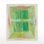 abstract painting of a dream-like green architectural space, enclosing a centralized cross shape that comes to a centerpoint at a small red dcircle. light glowing pink frames the entire image