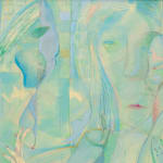 surrealistic soft green-blue etching of abstracted human figures and organic figures
