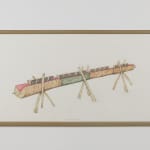 A framed mixed media piece depicting an abstract wooden object