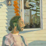abstract painting of a man sitting in a chair in front of a house that has a green door. the man's gair is pulled back and the bottom of the painting, where a dog is laying down, disintegrates into a carnal pink and red