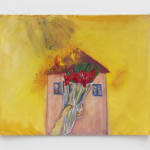 oil painting depicting a burning house against a yellow background, a hand holding a bouquet in front of it in the foreground