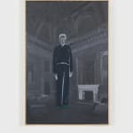 oil painting depicting an unnaturally tall man in a gothic space, all in color negative