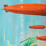 An image of a painting of three orange colored submarines floating through a minimalistic underwater landscape of varying shades of blues, greens, and yellows.