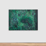 abstract mixed media painting of a landscape in bright green and black