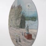 mixed media painting on ovoid wood depicting a shrine on a water bank