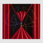 Oil on linen depicting an abstract figure clutching what appears to be red curtains.