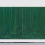 An oil on canvas piece depicting velvety, evergreen curtains.