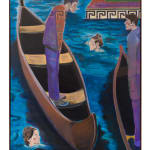 oil painting depicting two men standing on floating canoes with two others swimming in the water, their heads exposed.