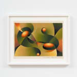 An abstract image depicting four reddish orange orbs framed by swirling green shapes.