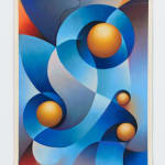 An abstract image depicting four orange orbs framed by swirling blue shapes