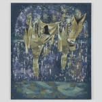 Oil on canvas of otherworldly figures dancing under a star-filled night sky.