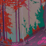 zoomed in view of a painted image on canvas depicting a brightly colored forest, with hues of red, green, and pink