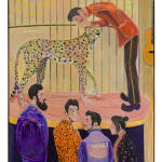 oil painting depicting four brightly dressed people standing in front of a stage, on which a man tames a cheetah