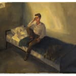 Oil on canvas depicting a perplexed looking man sitting on a bed.