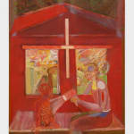 An oil painting of two figures sitting inside a small red room next to two large windows between which hangs a white crucifix. One figure is melting the other with a blowdryer.