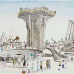 A mixed media image of people spending time at a futuristic zoo with alien creatures.