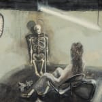 An oil on canvas depicting a nude woman sitting in a chair facing a skeleton propped up in the corner of a room.