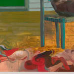 abstract painting of a man sitting in a chair in front of a house that has a green door. the man's gair is pulled back and the bottom of the painting, where a dog is laying down, disintegrates into a carnal pink and red