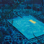 A mixed media image depicting a glimmering, blue pool sitting in the middle of a dark and shadowy forest; in the pool floats a yellow pool float.