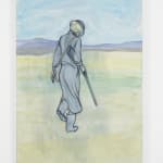 Acrylic on gesso piece depicting a lone figure with a gun walking through an open field.