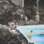 A detail of a sizable, colorful mixed media drawing of a landscape wit people eel fishing beneath the bridge.A detail of a sizable, colorful mixed media drawing of a landscape wit people eel fishing beneath the bridge.