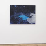 Image of a medium sized painting on a wall with gallery floor. dark blue medium sized painting of a light blue pool and two houses.
