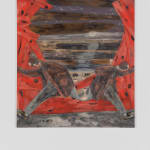 A mixed media painting of two men facing away from one another sitting on some sort of red wooden wall with a large hole in it.
