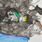 A detail of a sizable, colorful mixed media drawing of a landscape wit people eel fishing beneath the bridge.