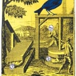 woodcut and etching on paper of a yellow scene and a blue bird, the scene depicts four figures, two of whom are getting tortured and the other do the work