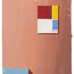 oil painting depicting a geometric abstract painting on a pink wall with a blue object casting a shadow on the lower left corner