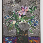A mixed media image of a vase filled with multicoloured flower.